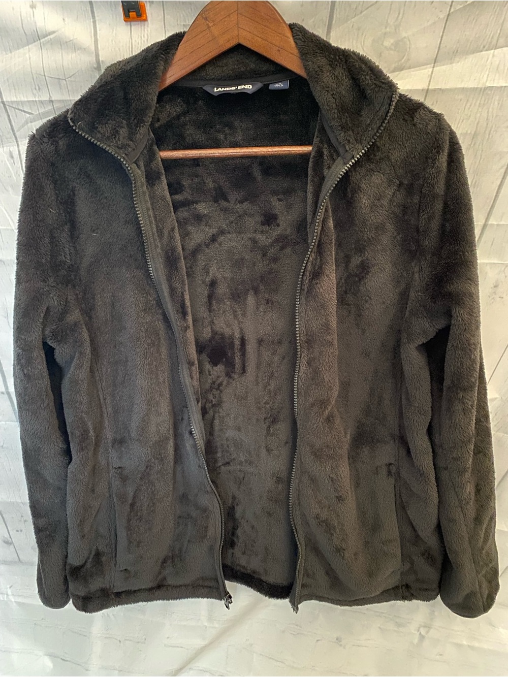 Lands' End Black Plush Fleece Zip Jacket